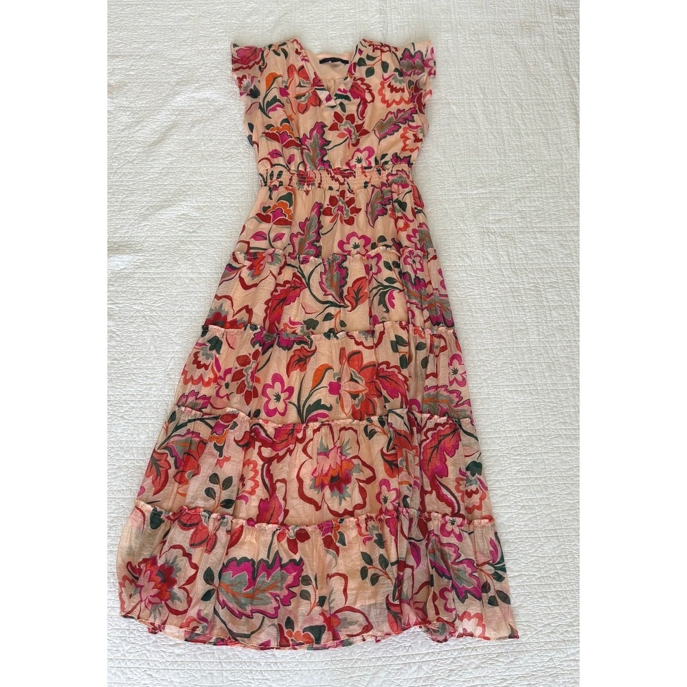 Long Floral Tiered Maxi Dress Pink Orange Smocked Waist Womens Large